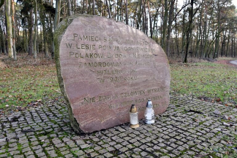 Zdjęcie przedstawiające skałę upamiętniającą masowy mord na pacjentach szpitala psychiatrycznego w Kościanie